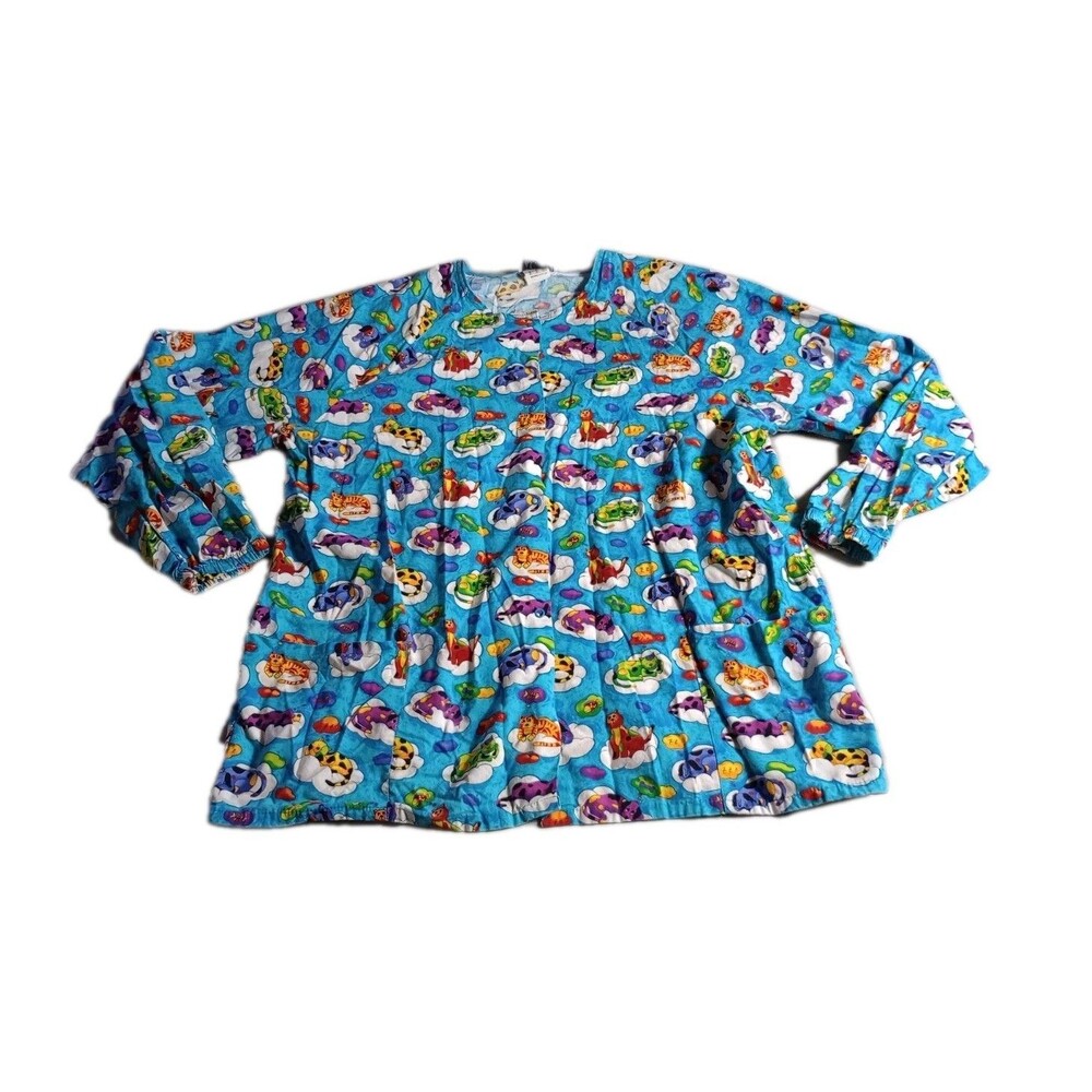 Fundamentally Cotton White Swan Scrub Top Cat Vet Theme Blue Women’s XL